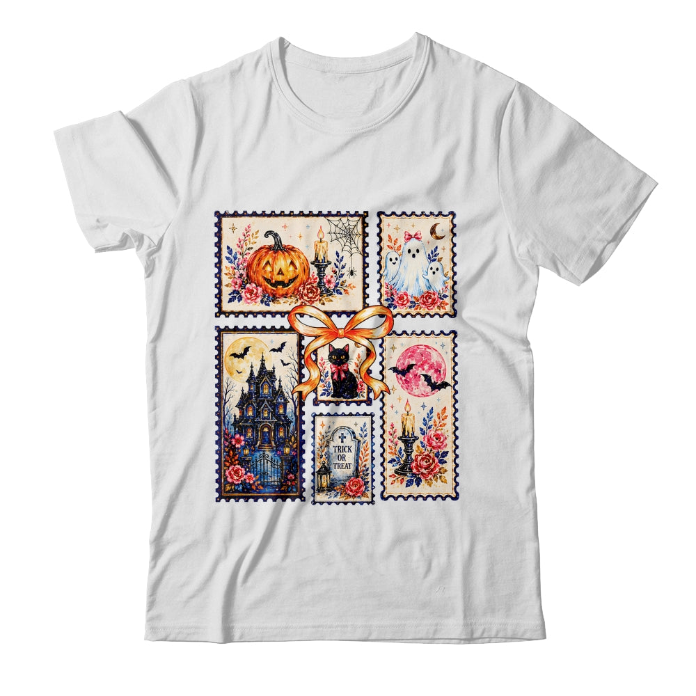 Vintage Halloween Stamp Pumpkin Ghost Black Cat House Floral Shirt & Hoodie | siriusteestore