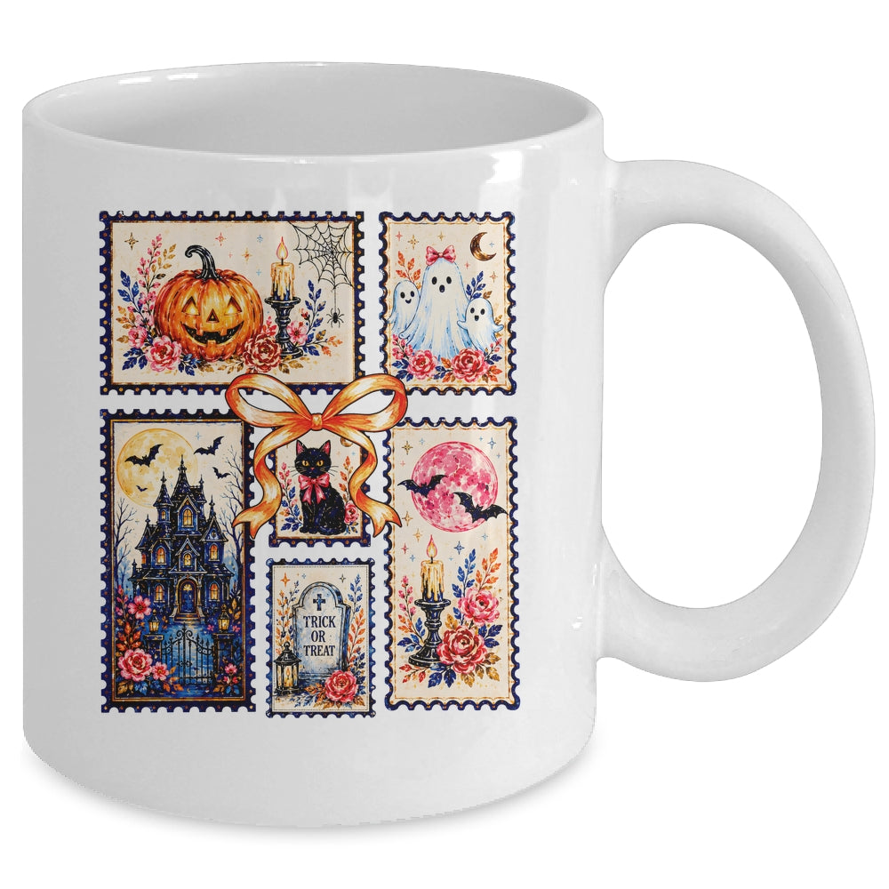 Vintage Halloween Stamp Pumpkin Ghost Black Cat House Floral Mug | siriusteestore