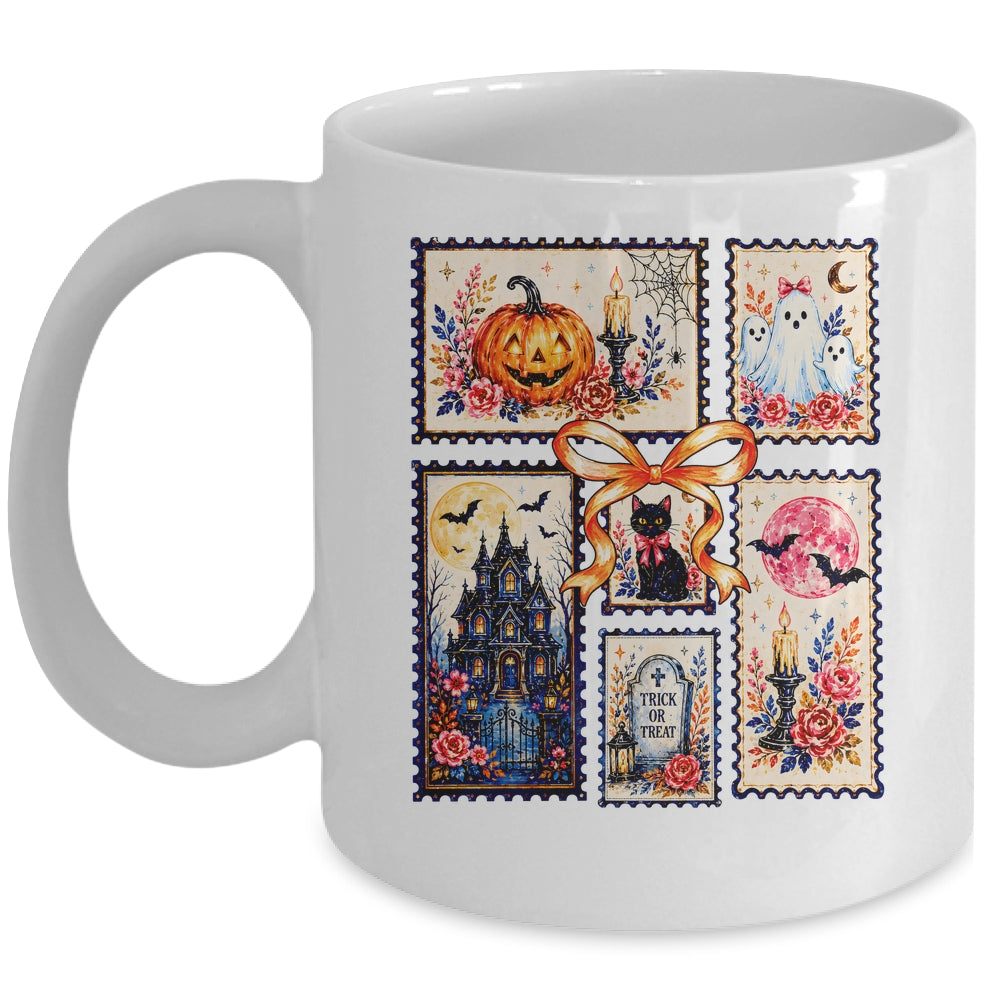 Vintage Halloween Stamp Pumpkin Ghost Black Cat House Floral Mug | siriusteestore