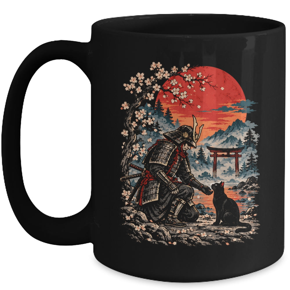 Vintage Japanese Art Samurai Warrior Black Cat Men Women Mug | siriusteestore