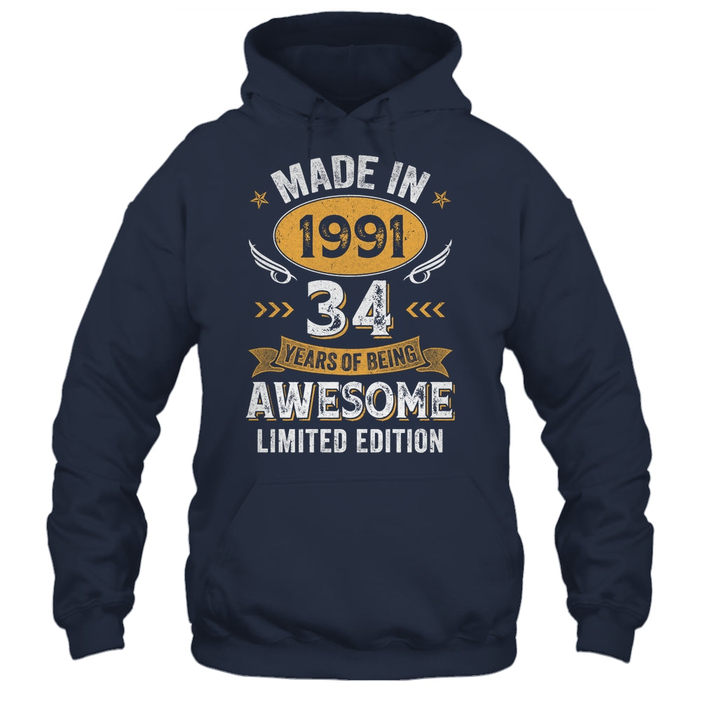 Vintage Made In 1991 34 Years Old 34th Birthday Men Women Shirt & Hoodie | siriusteestore