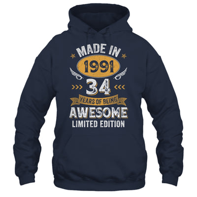 Vintage Made In 1991 34 Years Old 34th Birthday Men Women Shirt & Hoodie | siriusteestore