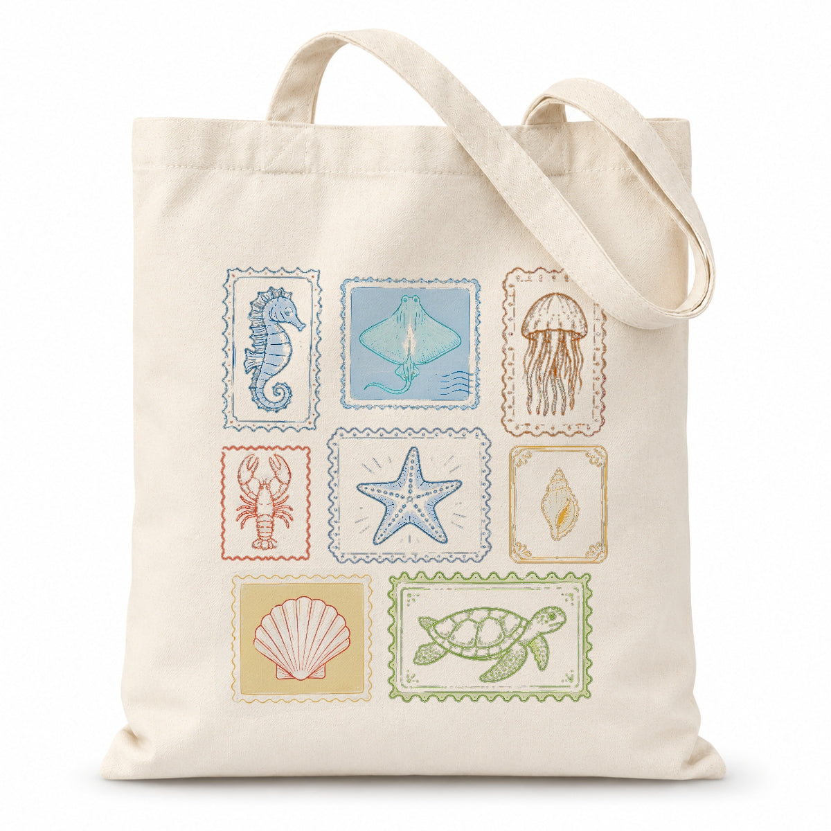 Vintage Sea Creatures Stamp Tote Bag Aesthetic Girls Canvas Ocean Animals Beach Reusable Shopping Bags Women Summer Vacation Gift Canvas Tote Bag | siriusteestore