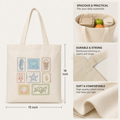 Vintage Sea Creatures Stamp Tote Bag Aesthetic Girls Canvas Ocean Animals Beach Reusable Shopping Bags Women Summer Vacation Gift Canvas Tote Bag | siriusteestore