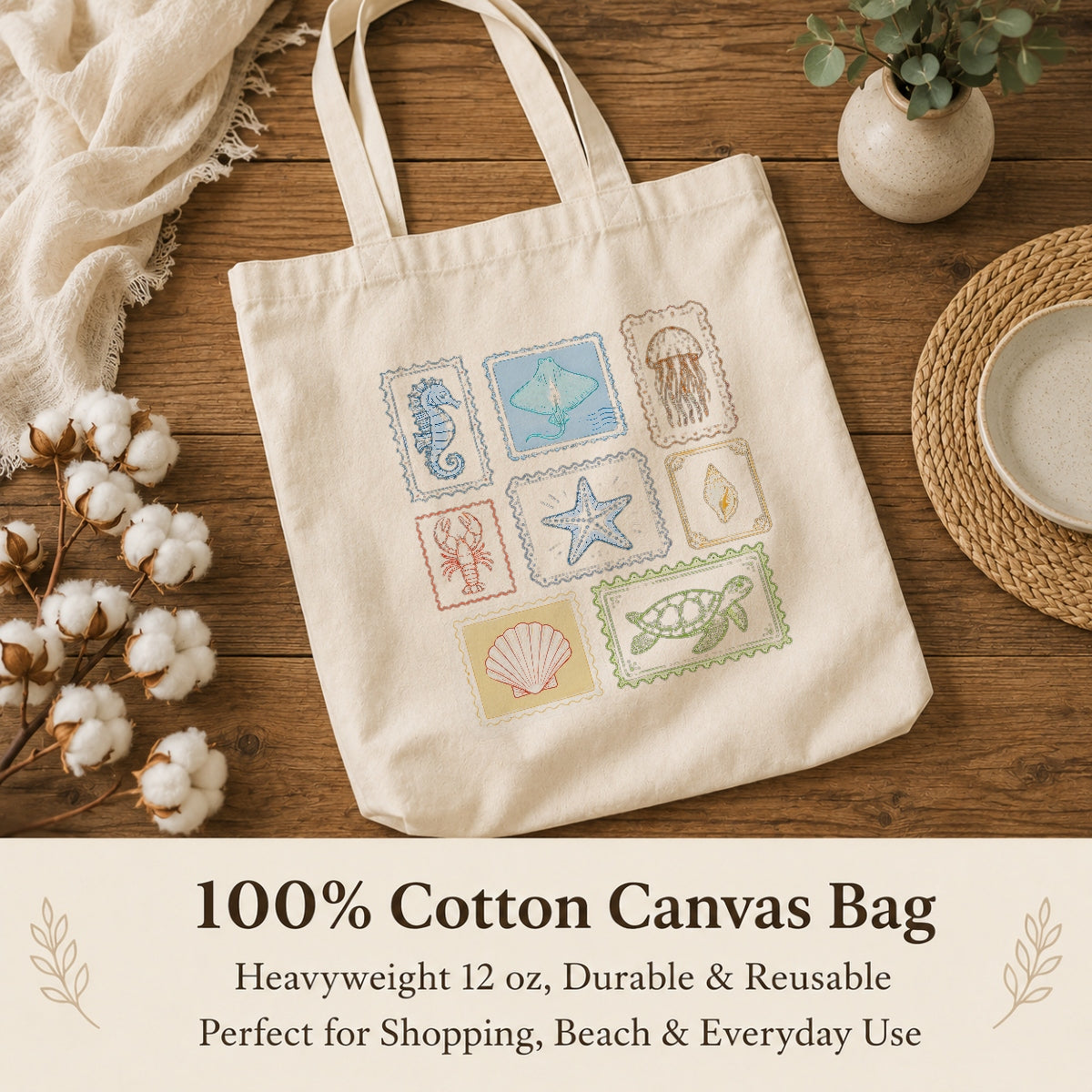 Vintage Sea Creatures Stamp Tote Bag Aesthetic Girls Canvas Ocean Animals Beach Reusable Shopping Bags Women Summer Vacation Gift Canvas Tote Bag | siriusteestore