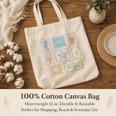 Vintage Sea Creatures Stamp Tote Bag Aesthetic Girls Canvas Ocean Animals Beach Reusable Shopping Bags Women Summer Vacation Gift Canvas Tote Bag | siriusteestore