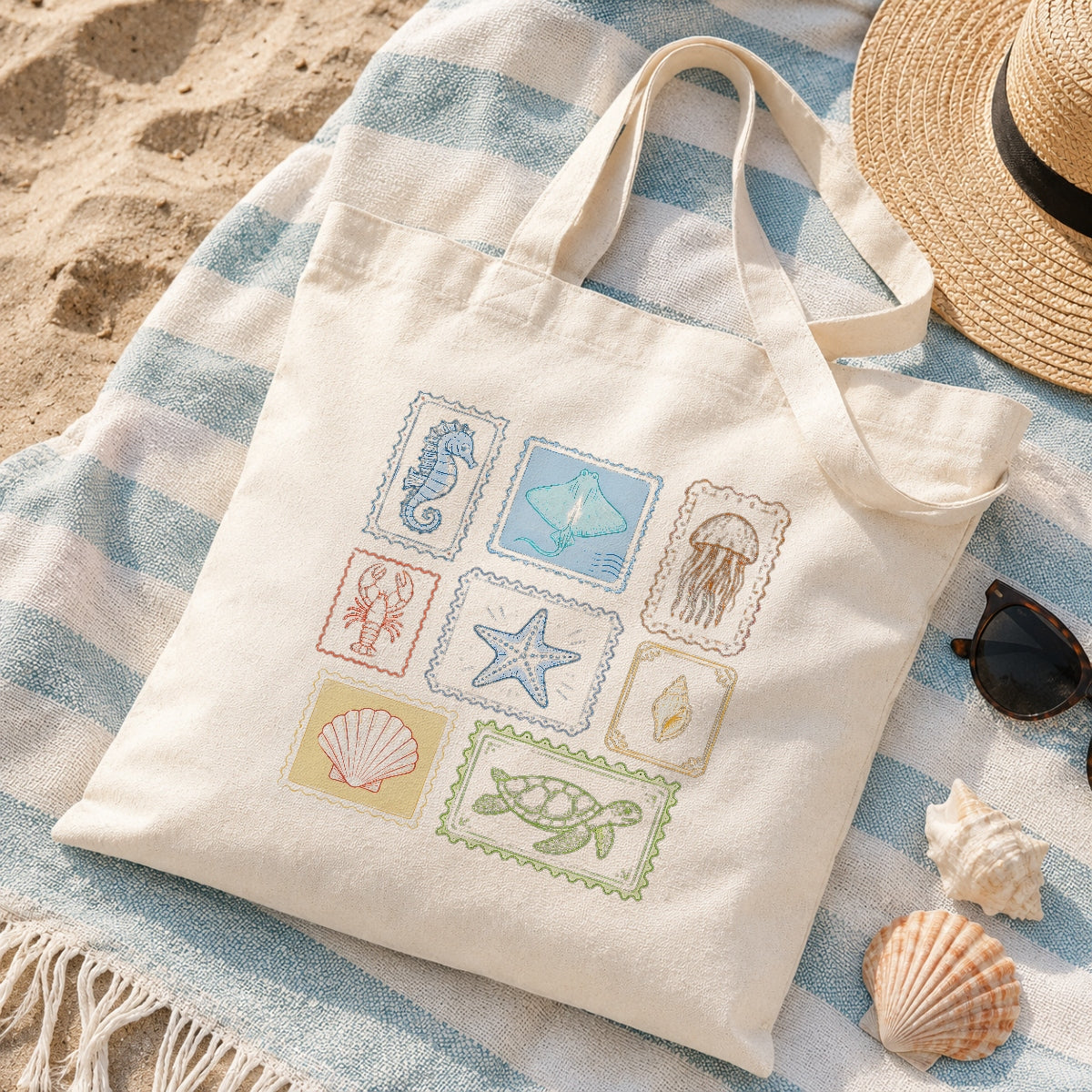 Vintage Sea Creatures Stamp Tote Bag Aesthetic Girls Canvas Ocean Animals Beach Reusable Shopping Bags Women Summer Vacation Gift Canvas Tote Bag | siriusteestore