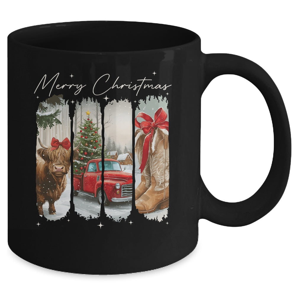 Vintage Town Cowgirl Highland Cow Girl Merry Christmas Mug | siriusteestore