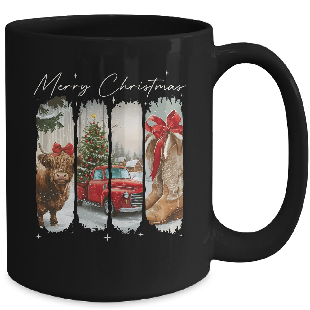 Vintage Town Cowgirl Highland Cow Girl Merry Christmas Mug | siriusteestore