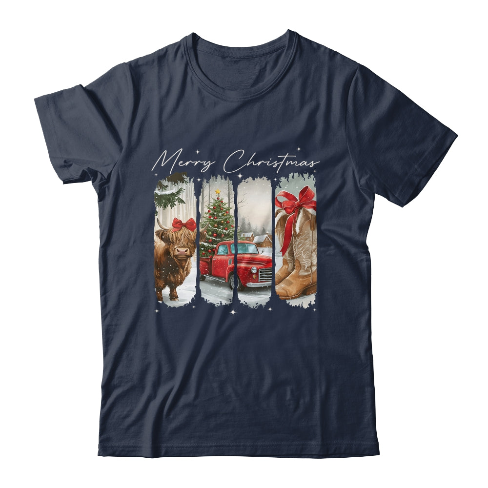 Vintage Town Cowgirl Highland Cow Girl Merry Christmas Shirt & Sweatshirt | siriusteestore