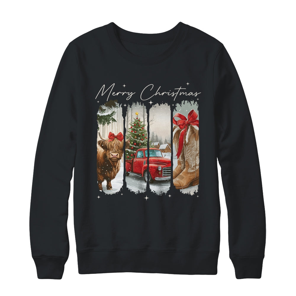 Vintage Town Cowgirl Highland Cow Girl Merry Christmas Shirt & Sweatshirt | siriusteestore