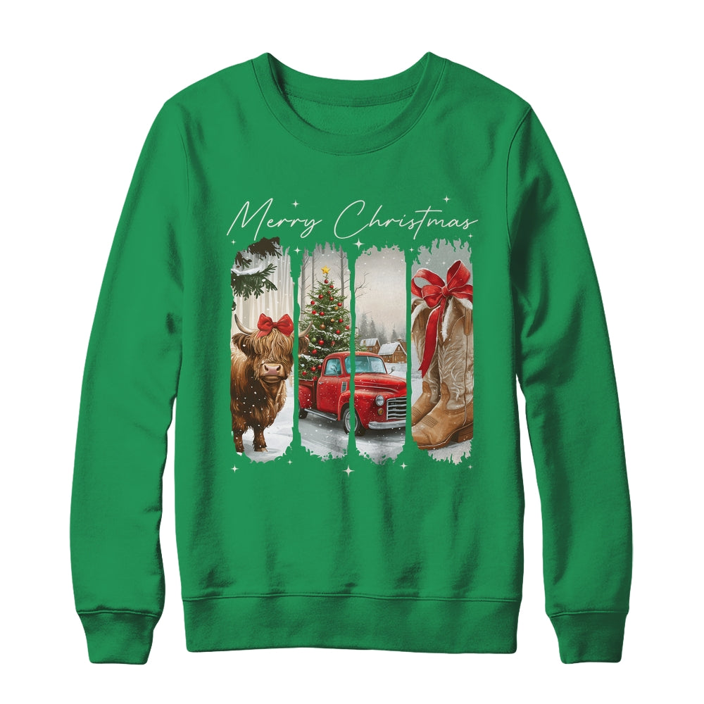Vintage Town Cowgirl Highland Cow Girl Merry Christmas Shirt & Sweatshirt | siriusteestore