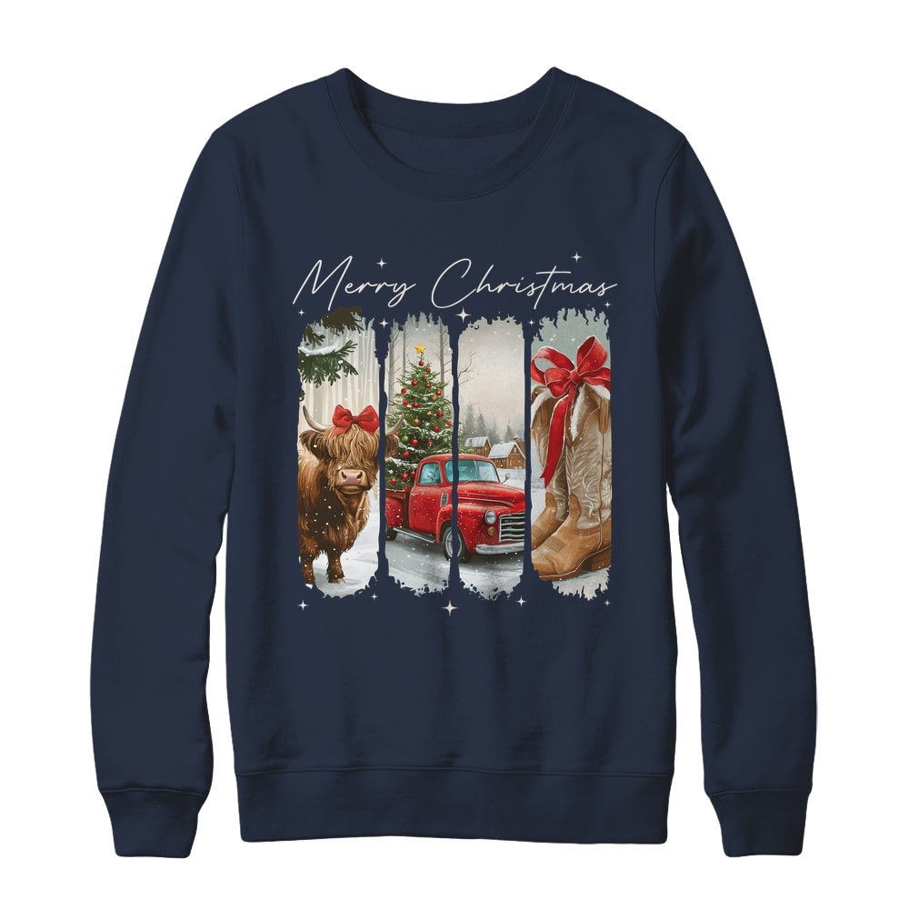 Vintage Town Cowgirl Highland Cow Girl Merry Christmas Shirt & Sweatshirt | siriusteestore