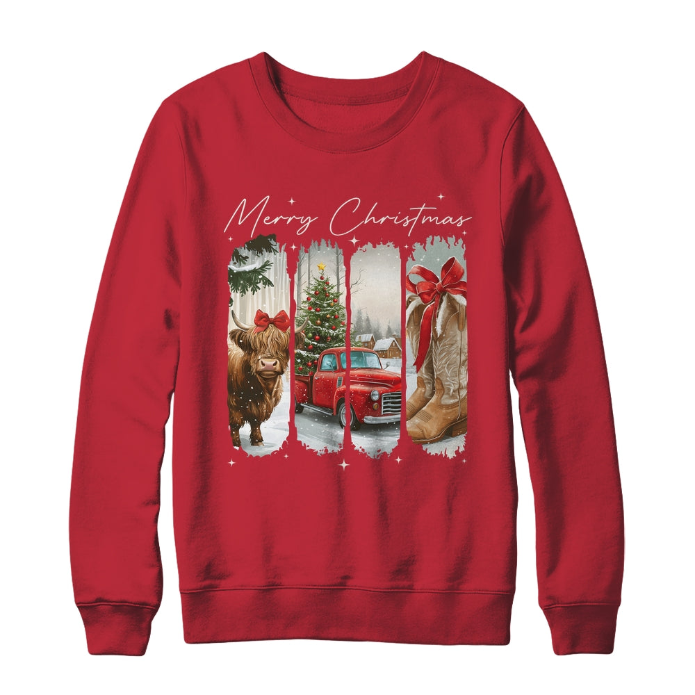 Vintage Town Cowgirl Highland Cow Girl Merry Christmas Shirt & Sweatshirt | siriusteestore