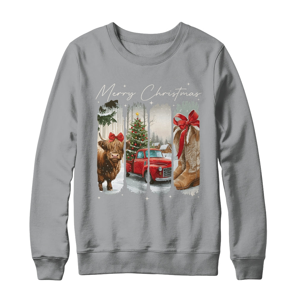 Vintage Town Cowgirl Highland Cow Girl Merry Christmas Shirt & Sweatshirt | siriusteestore