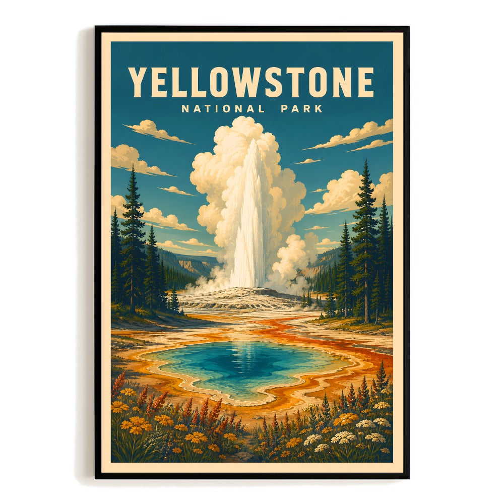 Vintage Yellowstone National Park Travel Poster Old Faithful Geyser Hot Spring Landscape Wall Art Print Souvenir Decor For Living Room Bedroom Office Unframed | siriusteestore
