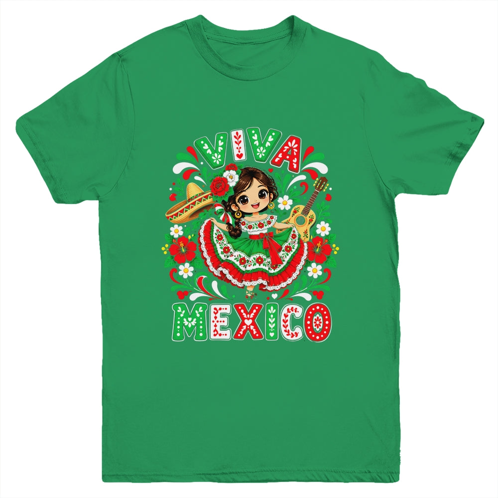 Viva Mexico Mexican Girl Flag Independence Day Kids Youth Shirt | siriusteestore