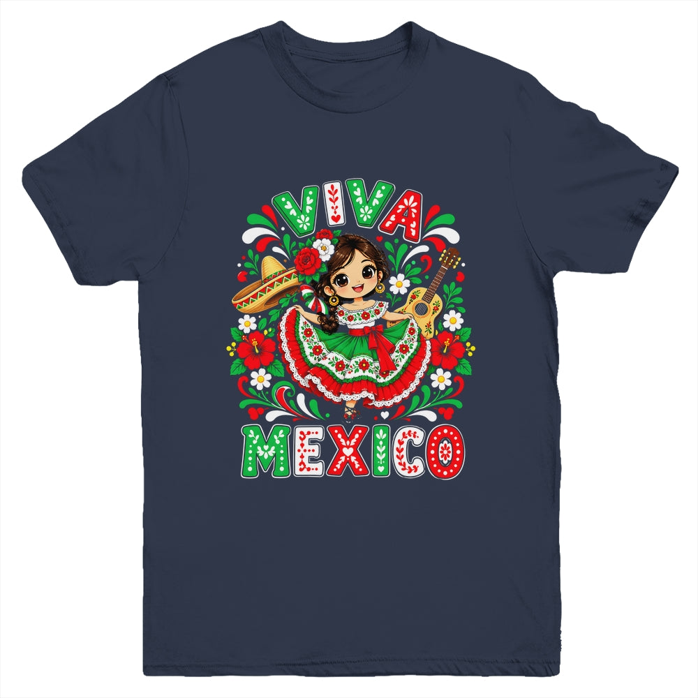 Viva Mexico Mexican Girl Flag Independence Day Kids Youth Shirt | siriusteestore