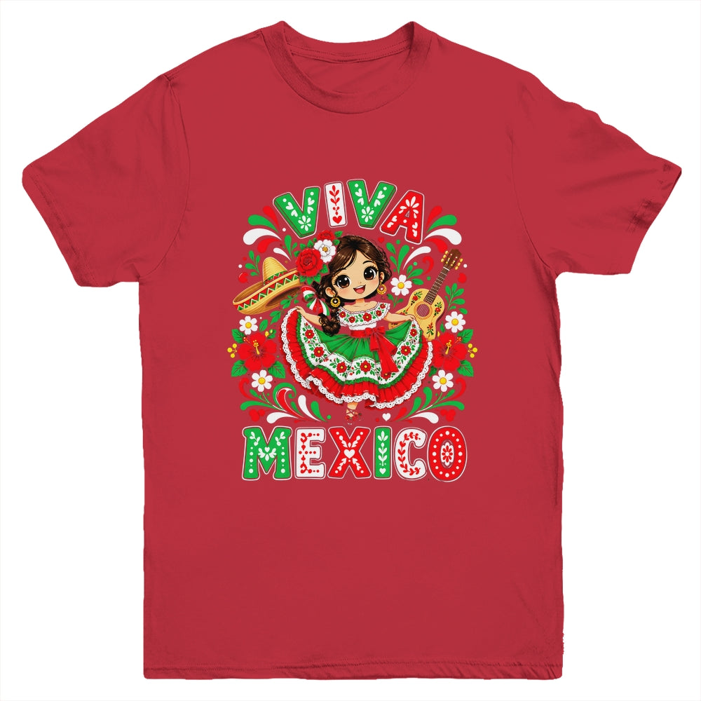 Viva Mexico Mexican Girl Flag Independence Day Kids Youth Shirt | siriusteestore