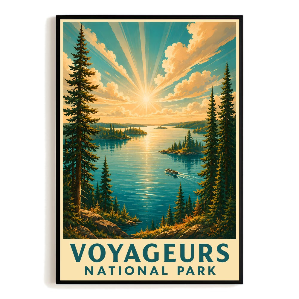 Voyageurs National Park Travel Poster Minnesota Lake Landscape Vintage Sunburst Pine Forest Wall Art Print Nature Adventure Decor Ideal For Home Cabin Unframed | siriusteestore