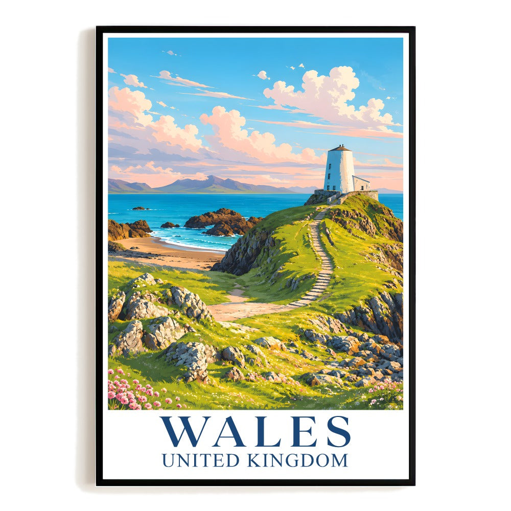 Wales United Kingdom Travel Poster Vintage Lighthouse Coastal Landscape Wall Art Print Souvenir Ideal For Family Home Living Room Office Bedroom Decor Unframed | siriusteestore