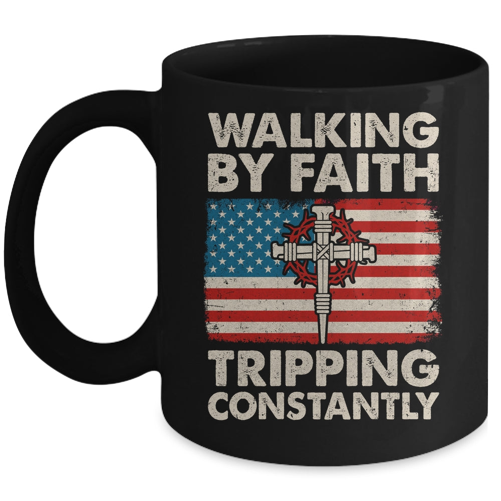 Walking By Faith Tripping Constantly Christian Bible US Flag Mug | siriusteestore