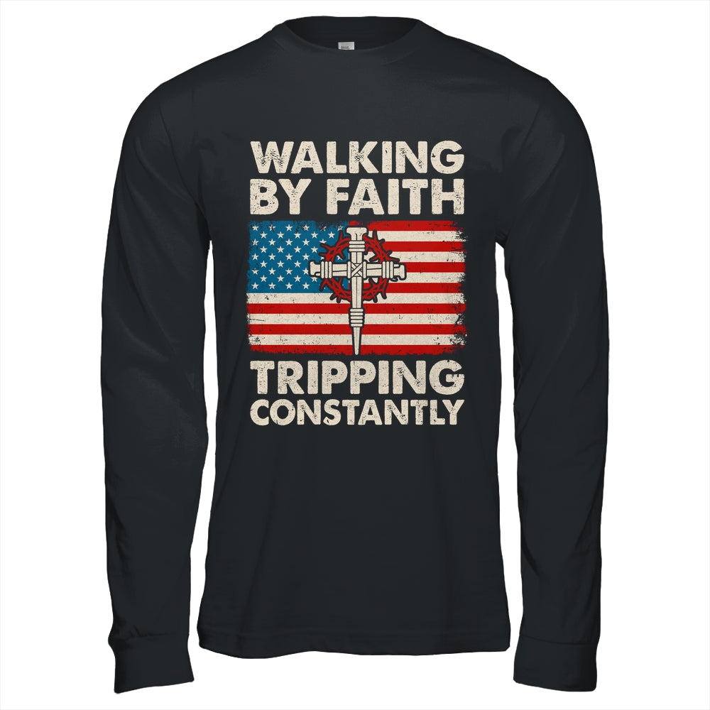 Walking By Faith Tripping Constantly Christian Bible US Flag Shirt & Hoodie | siriusteestore