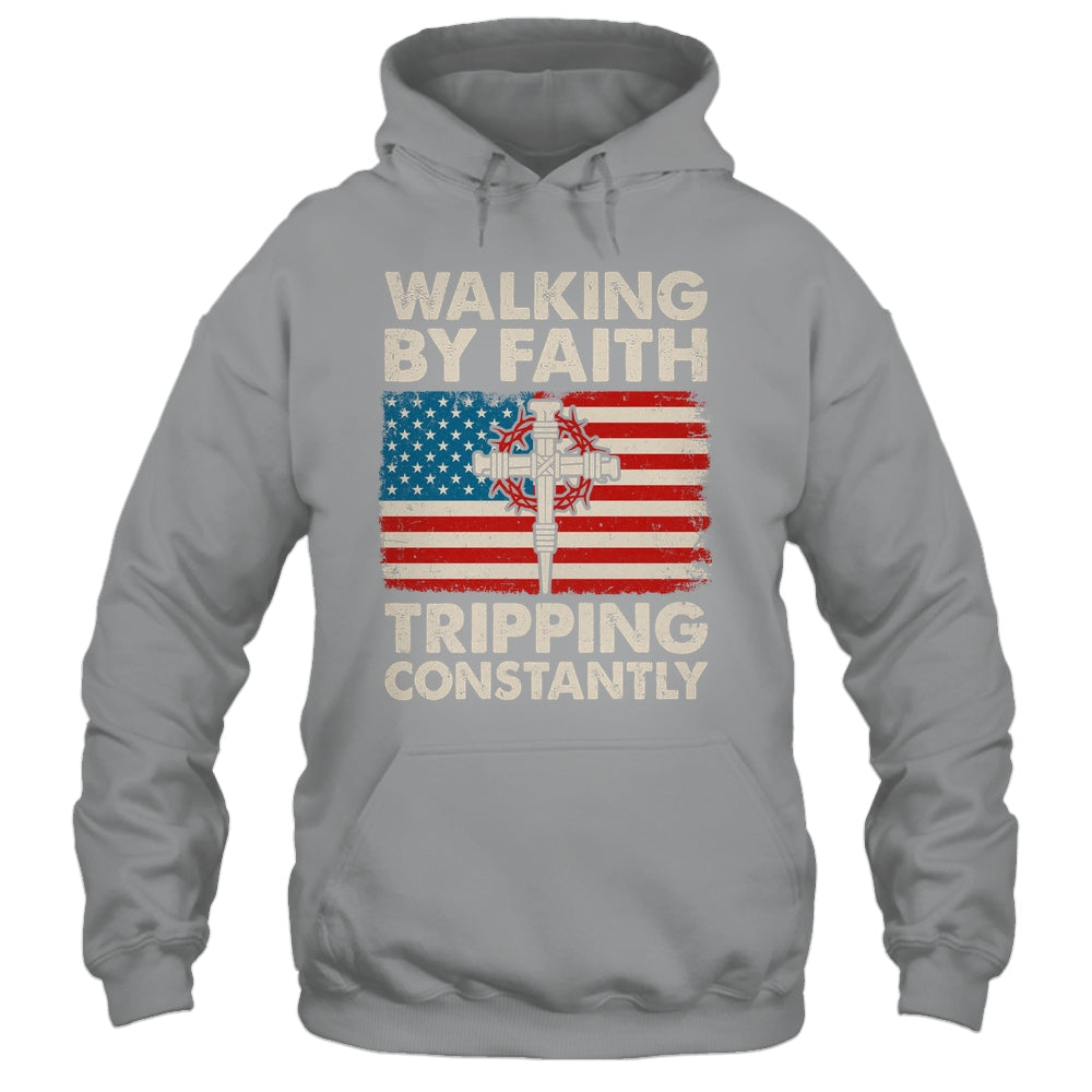 Walking By Faith Tripping Constantly Christian Bible US Flag Shirt & Hoodie | siriusteestore