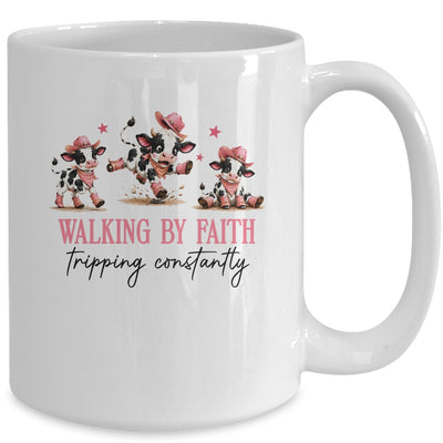 Walking By Faith Tripping Constantly Cowgirl Cows Christian Mug | siriusteestore