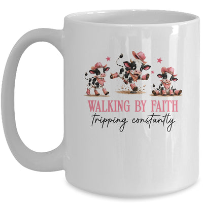 Walking By Faith Tripping Constantly Cowgirl Cows Christian Mug | siriusteestore