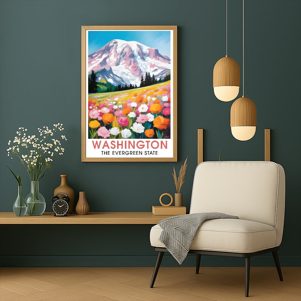 Washington Print Travel Poster Nature Evergreen State Souvenir Wall Art Landscape Painting Picture Mountains For Home Room Living Room Office Bedroom Decor Unframed | siriusteestore