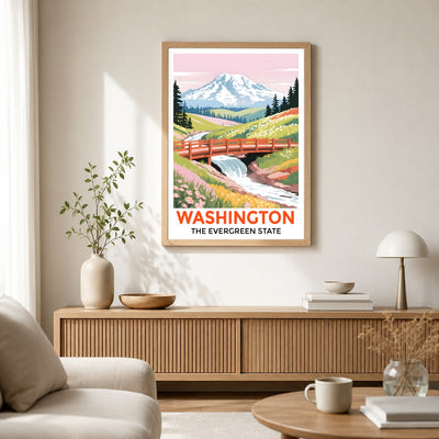 Washington The Evergreen State Souvenir Travel Poster Mount Rainier Landscape Wall Art Print Painting Picture For Home Room Living Room Office Bedroom Decor Unframed | siriusteestore