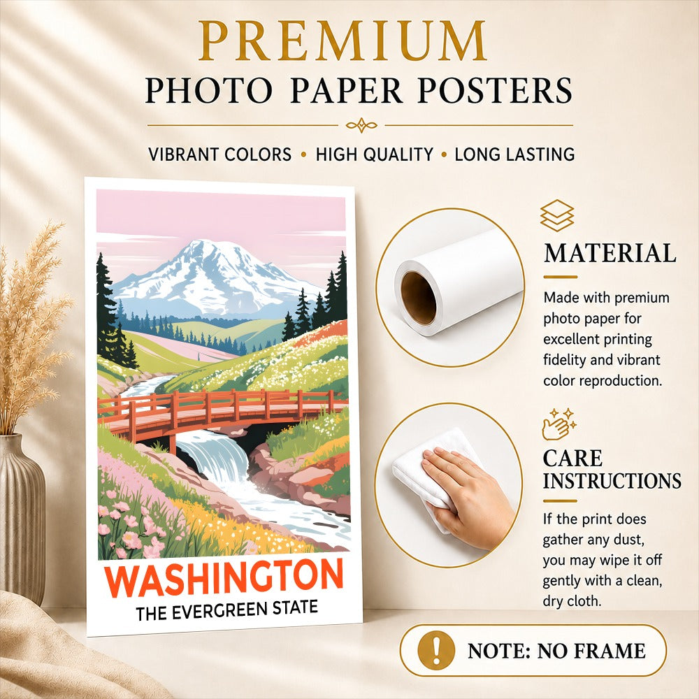 Washington The Evergreen State Souvenir Travel Poster Mount Rainier Landscape Wall Art Print Painting Picture For Home Room Living Room Office Bedroom Decor Unframed | siriusteestore