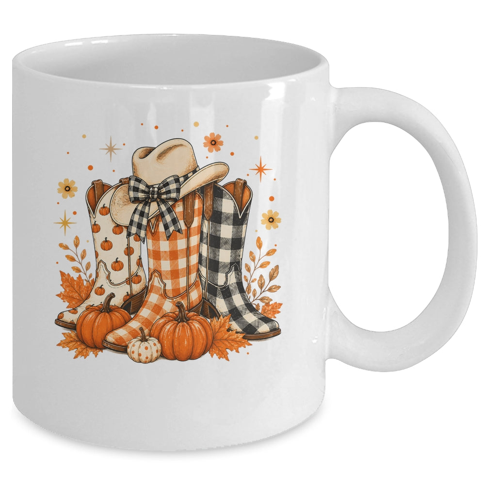 Western Cowgirl Cowboy Boots Checkered Fall Pumpkin Leopard Mug | siriusteestore