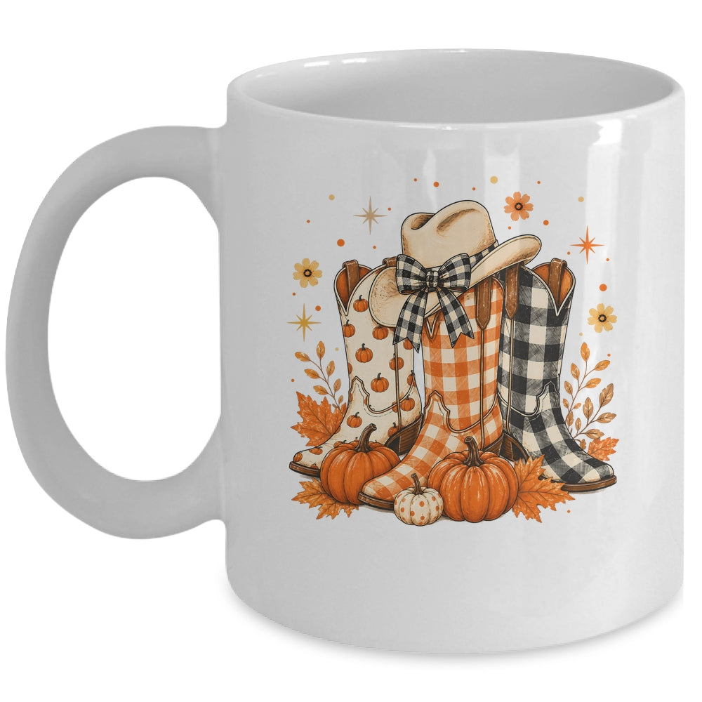 Western Cowgirl Cowboy Boots Checkered Fall Pumpkin Leopard Mug | siriusteestore