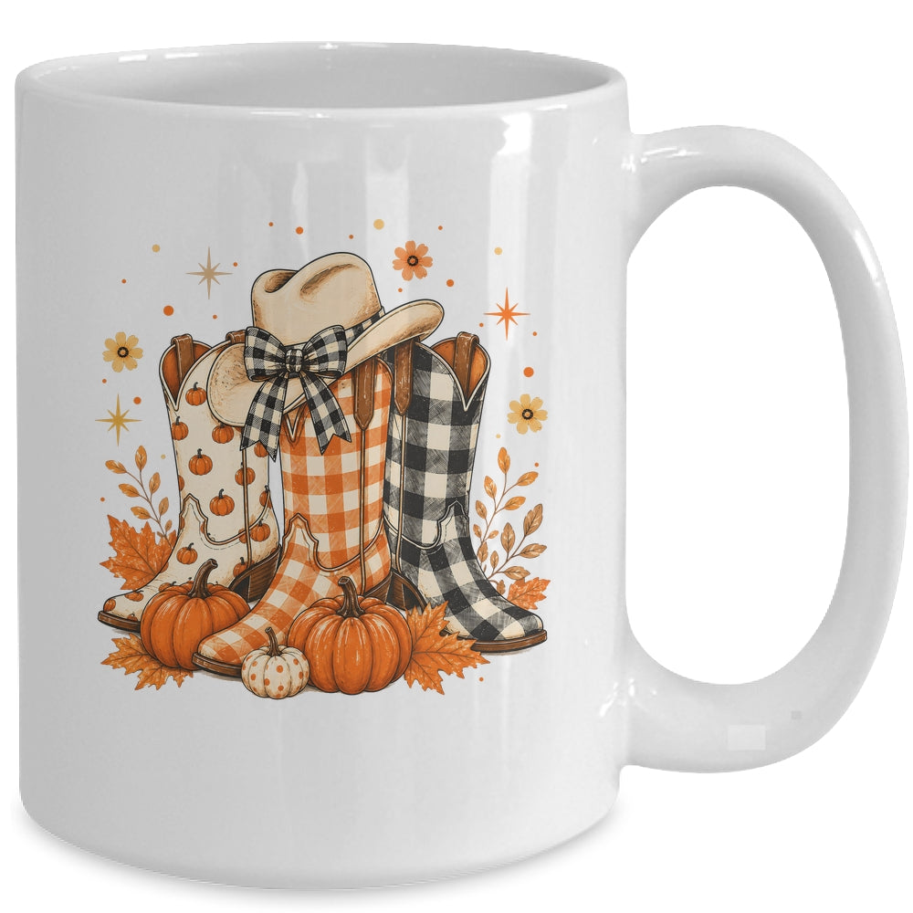Western Cowgirl Cowboy Boots Checkered Fall Pumpkin Leopard Mug | siriusteestore