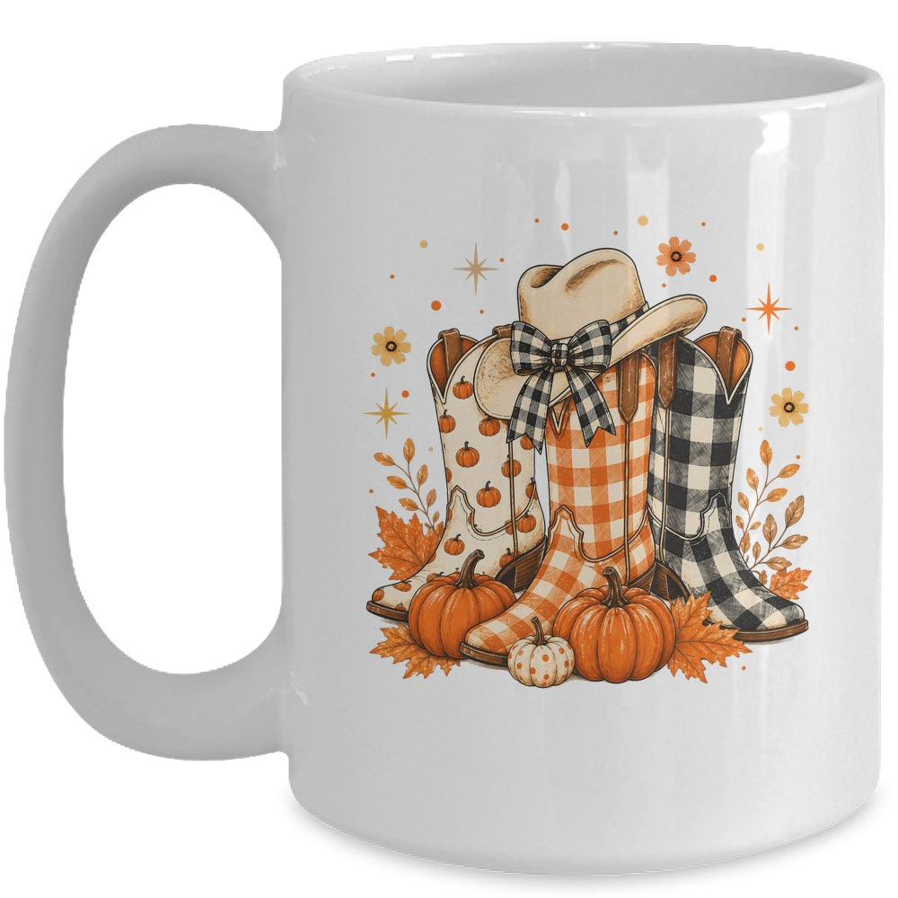 Western Cowgirl Cowboy Boots Checkered Fall Pumpkin Leopard Mug | siriusteestore