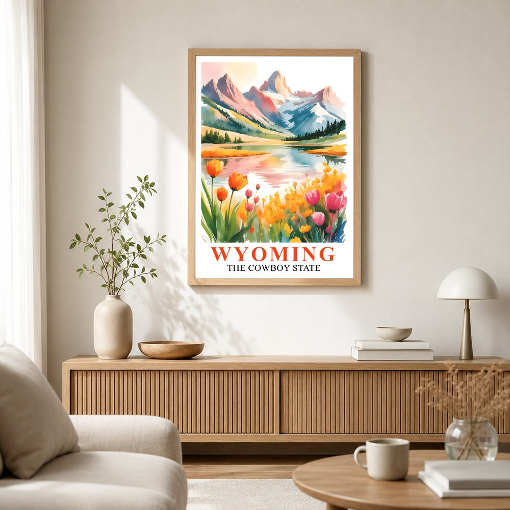 Wyoming Print Travel Poster Wildflowers Mountain Cowboy State Souvenir Wall Art Landscape Painting Picture Ideal Gift For Home Living Room Office Bedroom Decor Unframed | siriusteestore