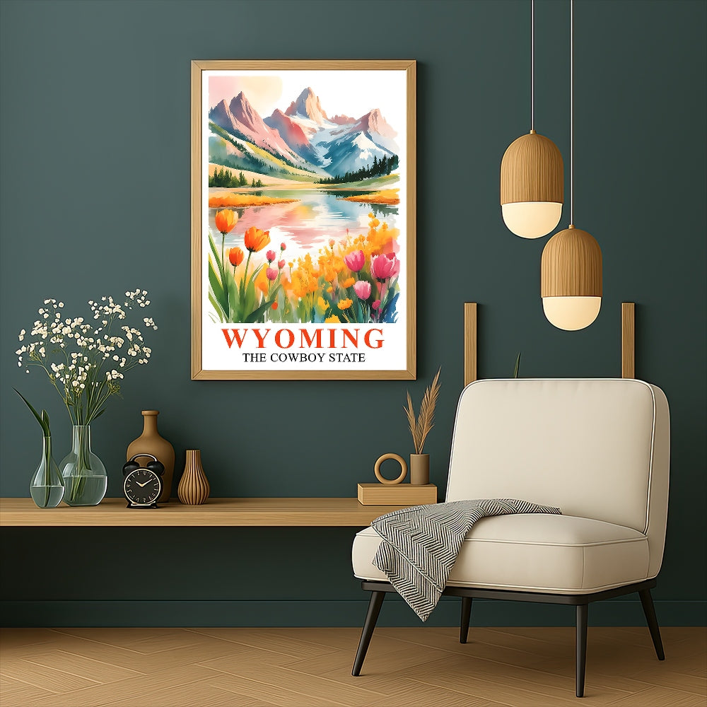 Wyoming Print Travel Poster Wildflowers Mountain Cowboy State Souvenir Wall Art Landscape Painting Picture Ideal Gift For Home Living Room Office Bedroom Decor Unframed | siriusteestore