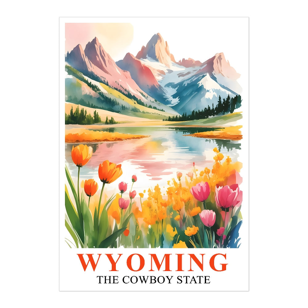 Wyoming Print Travel Poster Wildflowers Mountain Cowboy State Souvenir Wall Art Landscape Painting Picture Ideal Gift For Home Living Room Office Bedroom Decor Unframed | siriusteestore