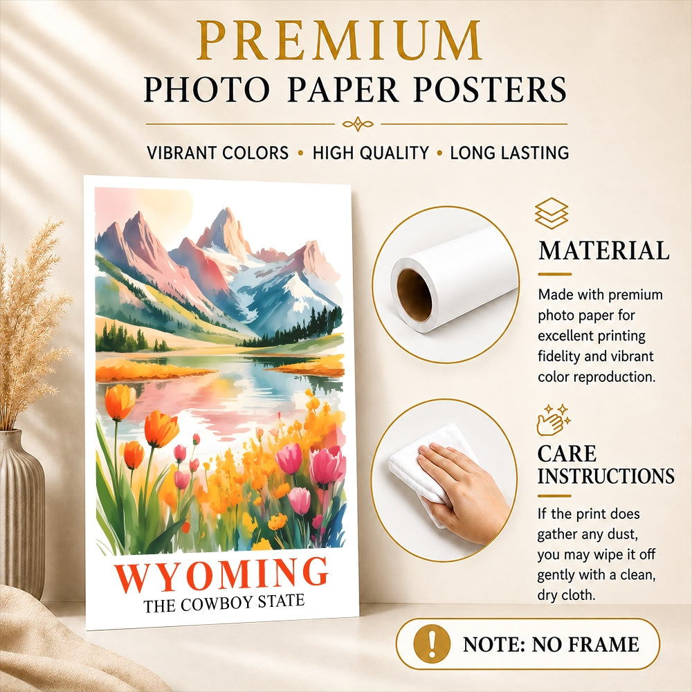 Wyoming Print Travel Poster Wildflowers Mountain Cowboy State Souvenir Wall Art Landscape Painting Picture Ideal Gift For Home Living Room Office Bedroom Decor Unframed | siriusteestore