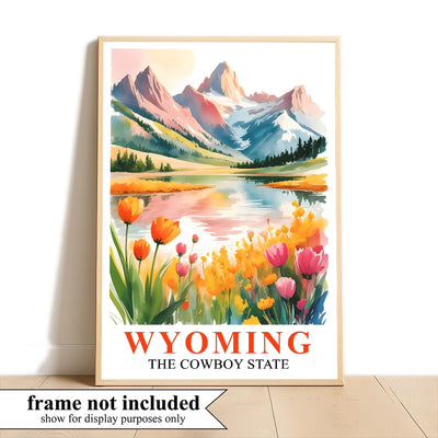Wyoming Print Travel Poster Wildflowers Mountain Cowboy State Souvenir Wall Art Landscape Painting Picture Ideal Gift For Home Living Room Office Bedroom Decor Unframed | siriusteestore