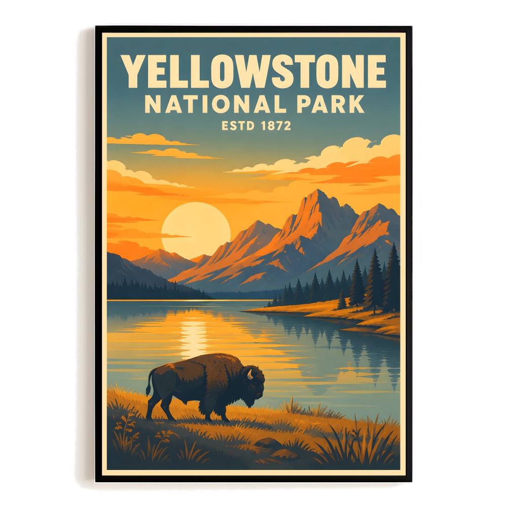 Yellowstone National Park Travel Poster Vintage Bison Mountain Sunset Landscape Wall Art Decor For Home Living Room Office Bedroom Souvenir Print Unframed | siriusteestore