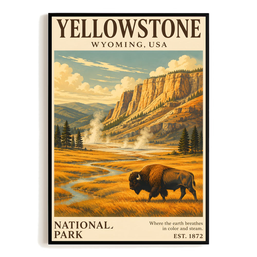 Yellowstone National Park Travel Poster Wyoming Usa Vintage Bison Landscape Wall Art Decor For Home Living Room Office Bedroom Souvenir Gifts Retro Print Unframed | siriusteestore