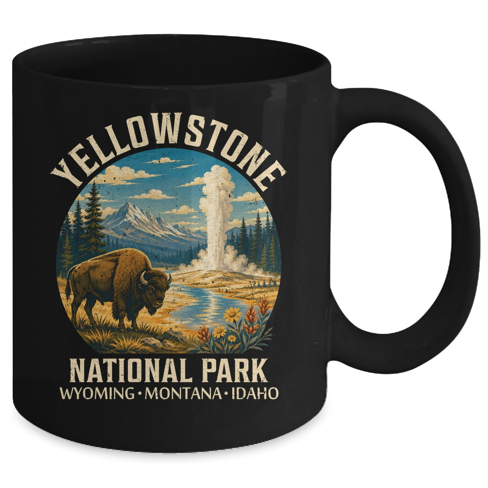 Yellowstone National Park Vintage Bison Geyser Camping Mug | siriusteestore
