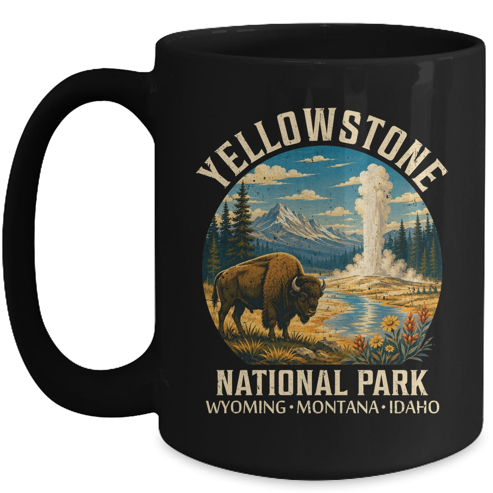 Yellowstone National Park Vintage Bison Geyser Camping Mug | siriusteestore