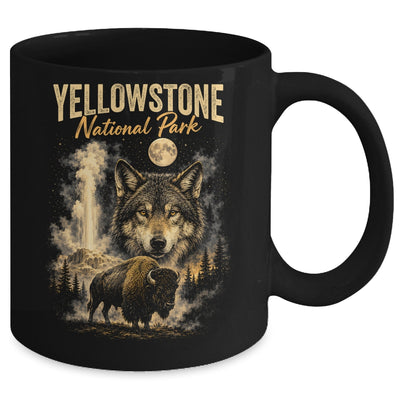 Yellowstone National Park Wolf And Bison Geyser Vintage Men Mug | siriusteestore