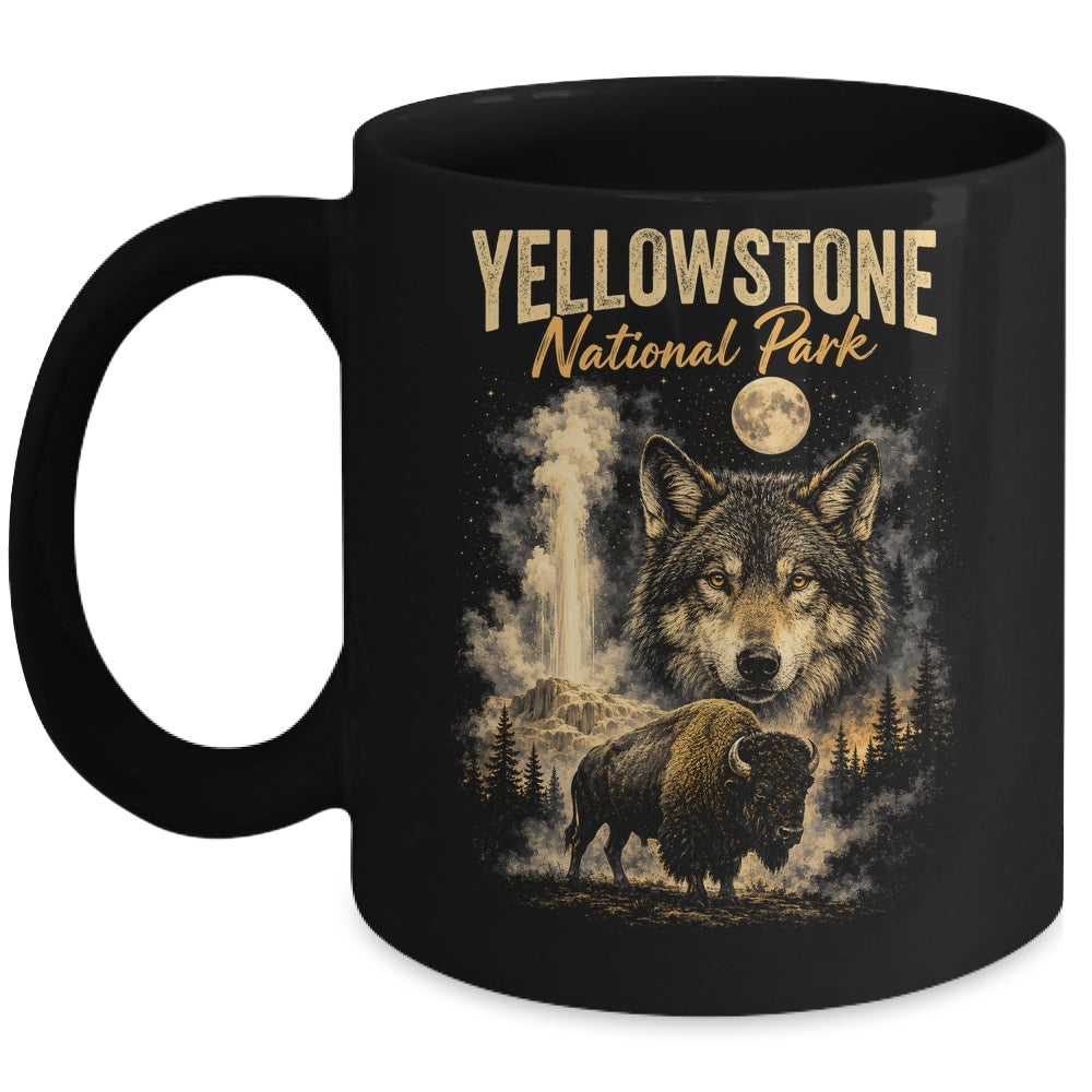 Yellowstone National Park Wolf And Bison Geyser Vintage Men Mug | siriusteestore