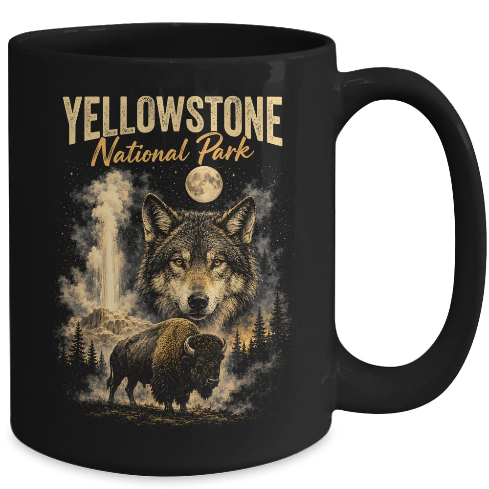 Yellowstone National Park Wolf And Bison Geyser Vintage Men Mug | siriusteestore