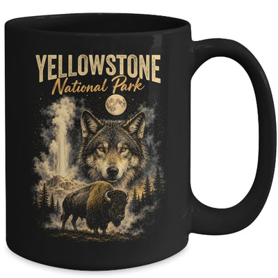 Yellowstone National Park Wolf And Bison Geyser Vintage Men Mug | siriusteestore